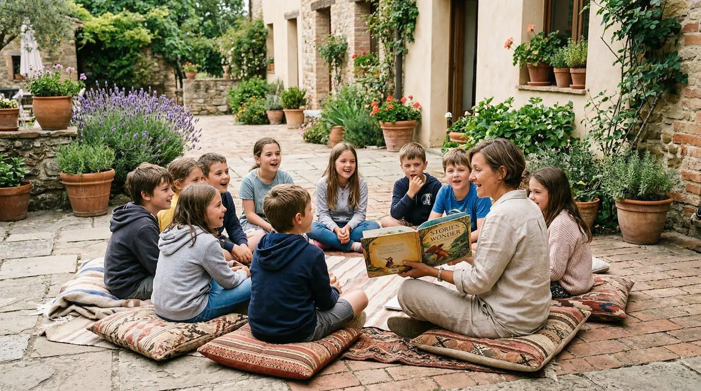 Enfants en cercle autour d'un auteur jeunesse lors d'un atelier de lecture à Gordes
