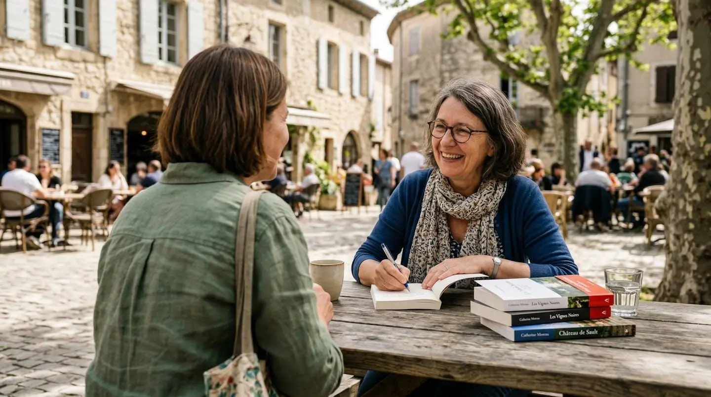 Séance de dédicace avec échange visible entre auteur et lectrice à Gordes