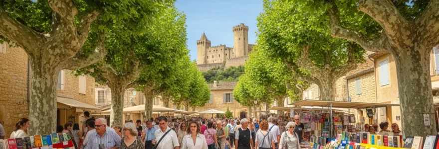 Stands de livres sur une place de village provençal (salon littéraire Gordes) sous les platanes