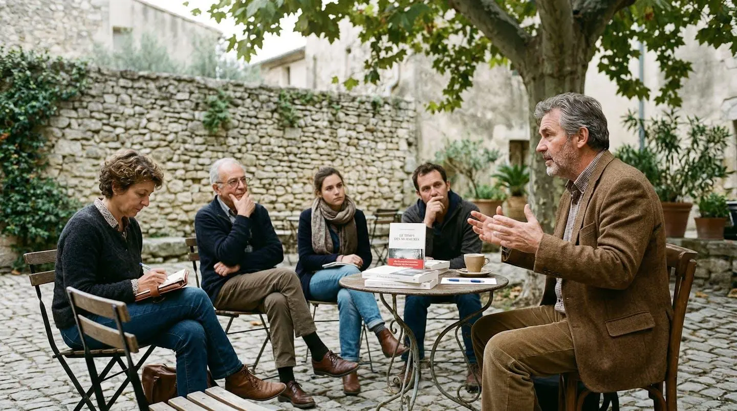 Auteur en conversation avec petit groupe de lecteurs dans un cadre intimiste à Gordes