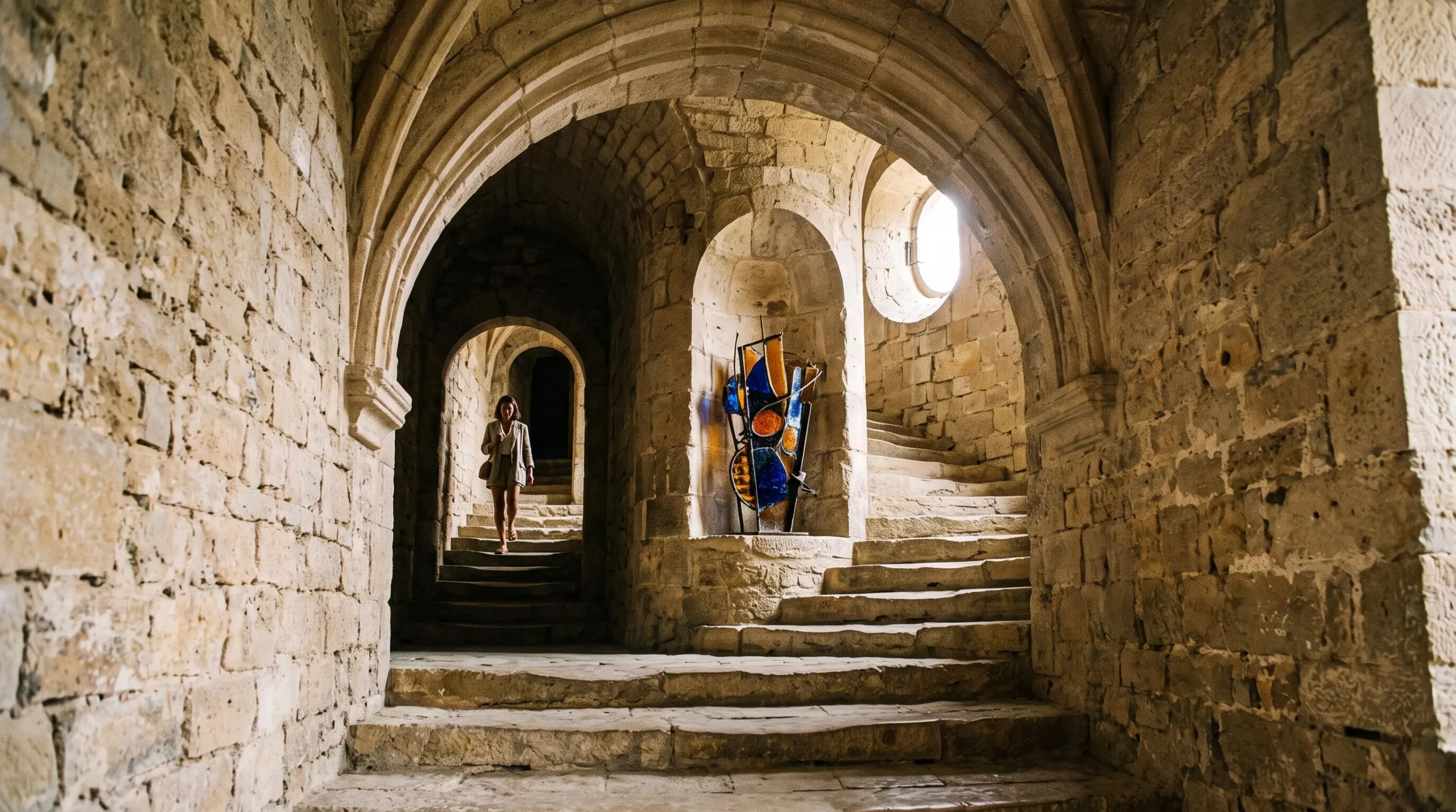 Escalier ou passage voûté en pierre médiévale à l'intérieur du Château de Gordes avec œuvre d'art contemporain visible