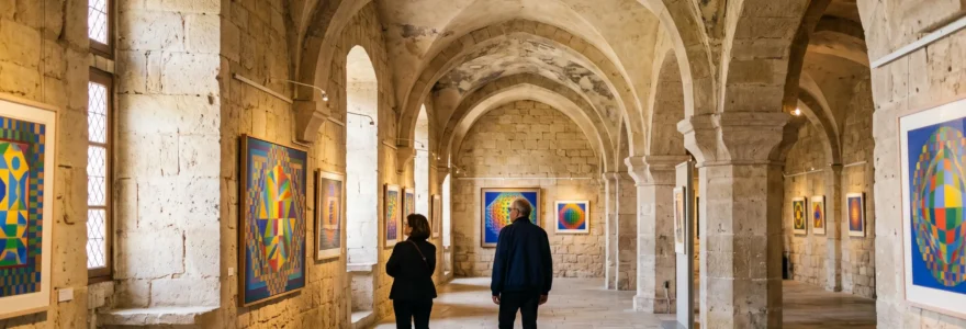 Salle d'exposition voûtée du Château de Gordes avec œuvres d'art géométrique colorées accrochées sur les murs en pierre médiévale