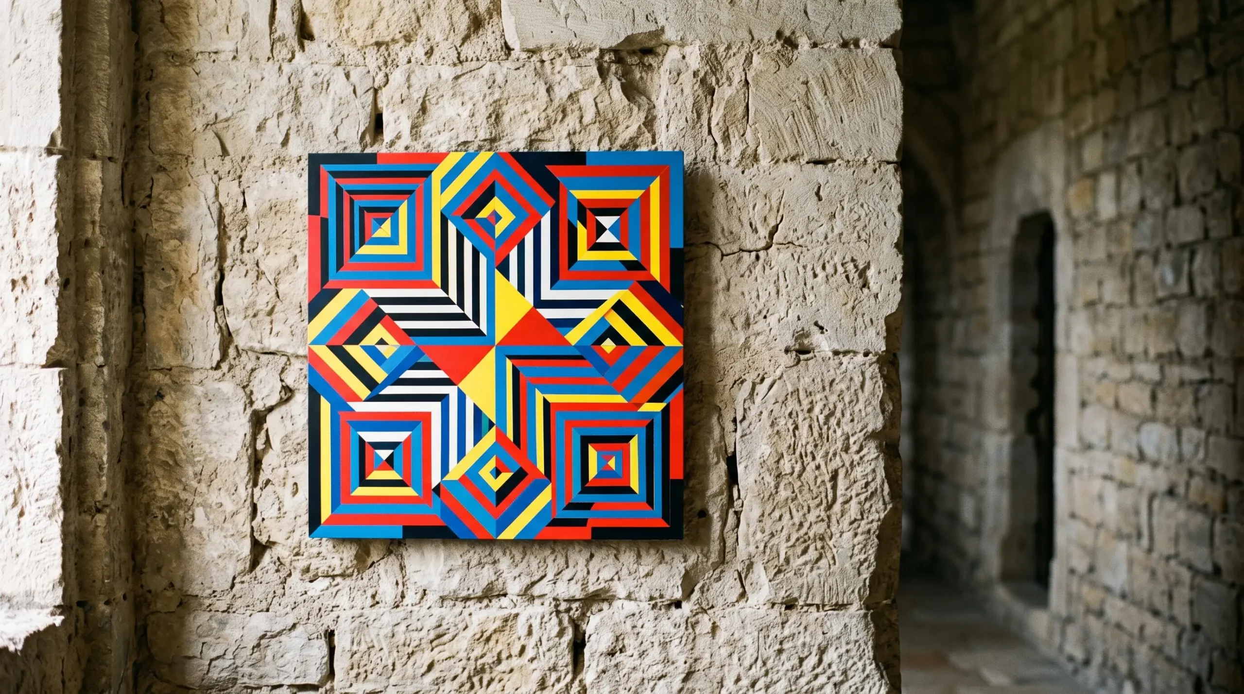 Œuvre d'art géométrique aux motifs colorés accrochée sur un mur en pierre médiévale au Château de Gordes