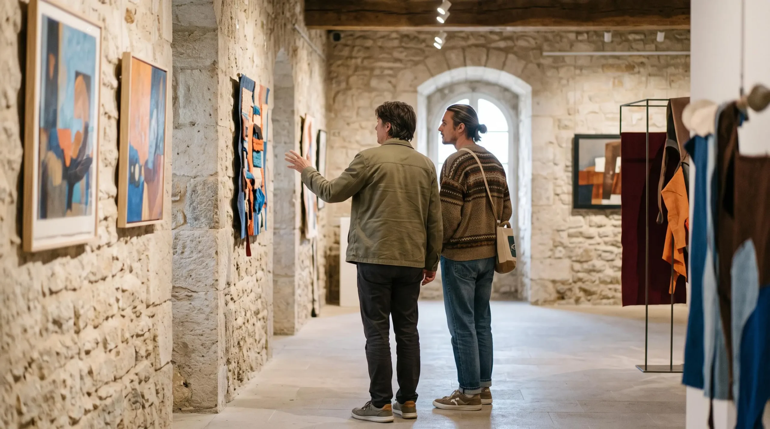 Deux visiteurs observant des œuvres d'art contemporain dans une salle d'exposition du Château de Gordes
